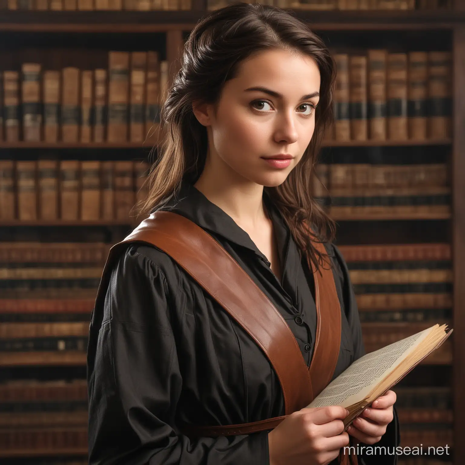 A portrait of a beautiful, mid-twenties, human female apprentice scholar. She has an intelligent and focused expression on her face, with a hint of curiosity in her eyes. Her hair is raven black and styled in a practical yet elegant manner that keeps it out of her face. She is dressed in simple scholar's robes, with a worn leather satchel slung over her shoulder. In her hands, she holds a large, open scroll filled with intricate writing and diagrams. The background should be a well-lit library or study room, with shelves overflowing with books and scrolls.