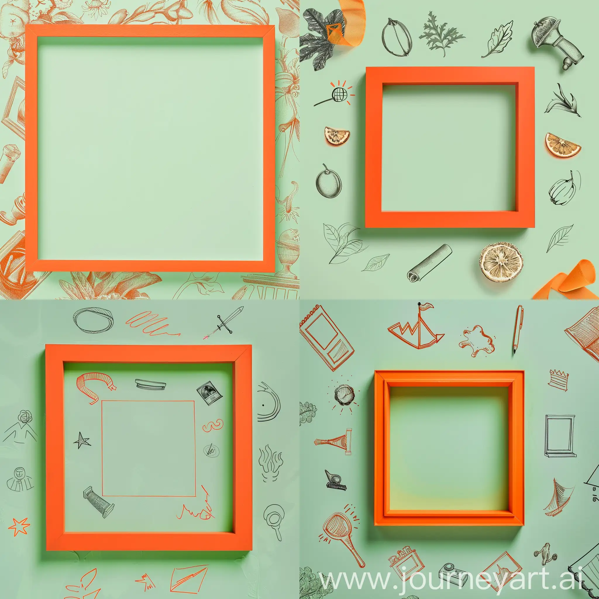 An elegant square frame in bright orange on a light green background with political elements drawn around it