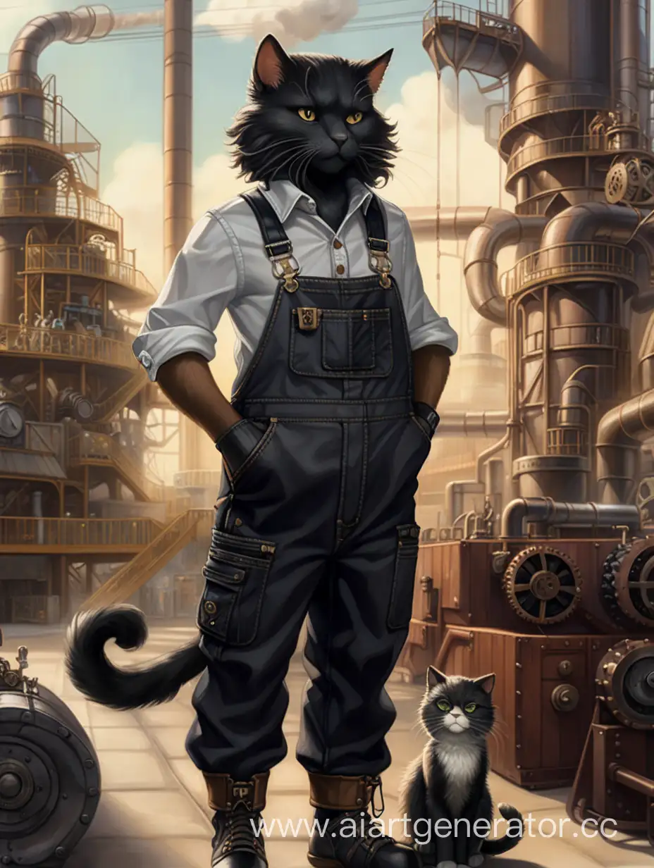 антро, кот, черная шерсть, рабочий комбинезон, завод на фоне, стимпанк