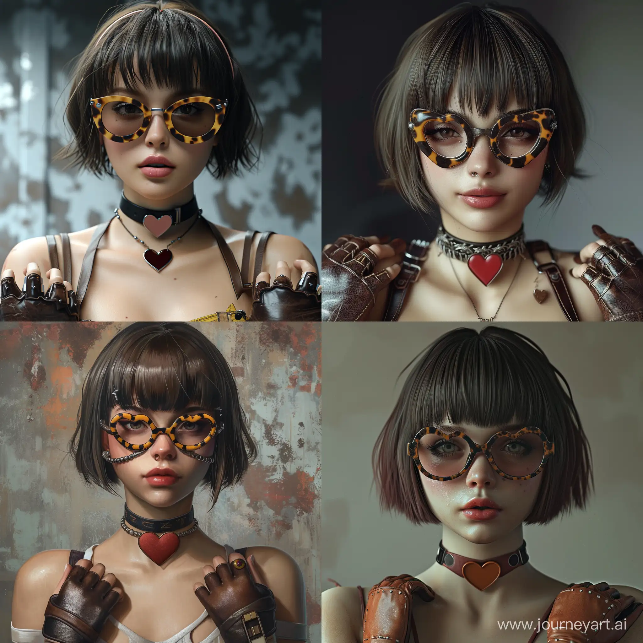 photorealistic sexy nerd girl with short hair and bangs, she wears cateye tortoise glasses, heart choker, fingerless leather gloves