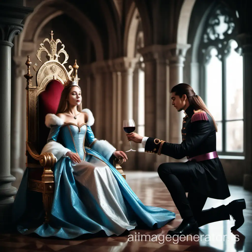 A beautiful princess sits on a throne in an elegant castle, next to her a servant sits on the floor on his knees and serves a glass of wine