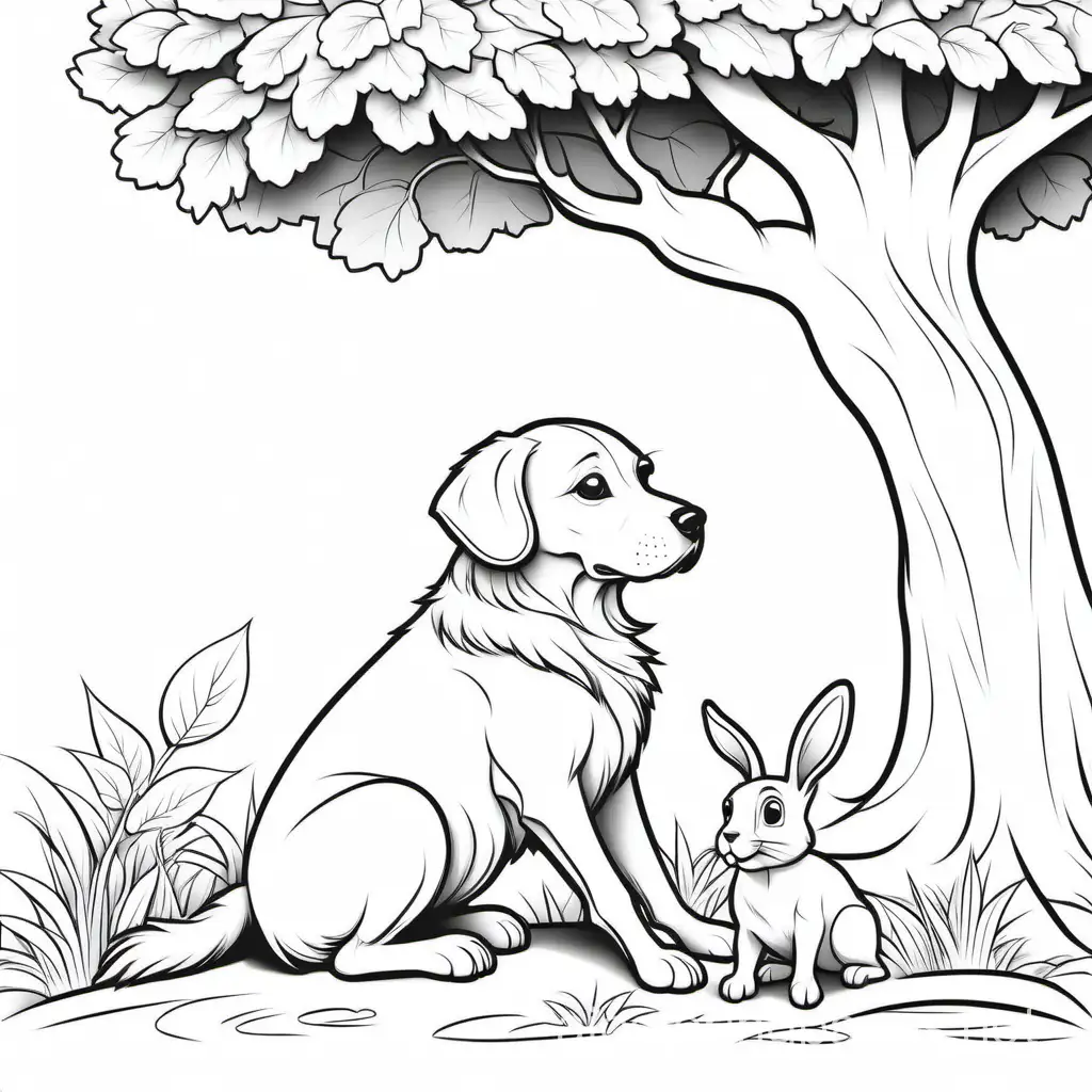 A dog with a hare under a tree, Coloring Page, black and white, line art, white background, Simplicity, Ample White Space. The background of the coloring page is plain white to make it easy for young children to color within the lines. The outlines of all the subjects are easy to distinguish, making it simple for kids to color without too much difficulty