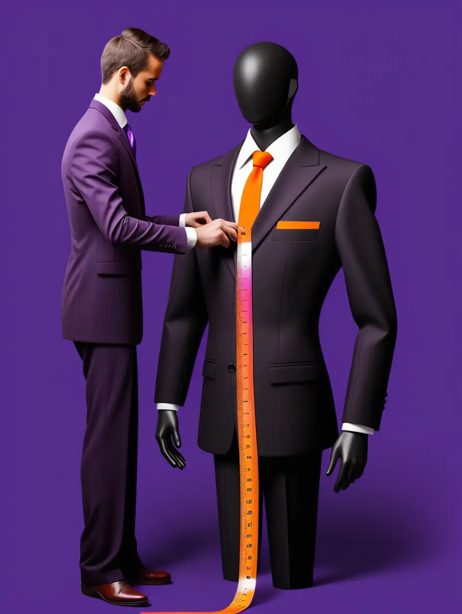 Expert Tailor Measuring Custom Suit on Stylish Black Purple and Orange Background