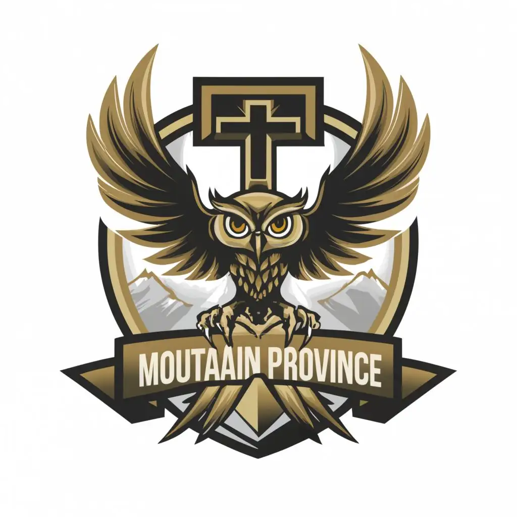 a logo design,with the text "District 6-Mountain Province", main symbol:Owl, mountains, and a cross,Moderate,be used in Religious industry,clear background