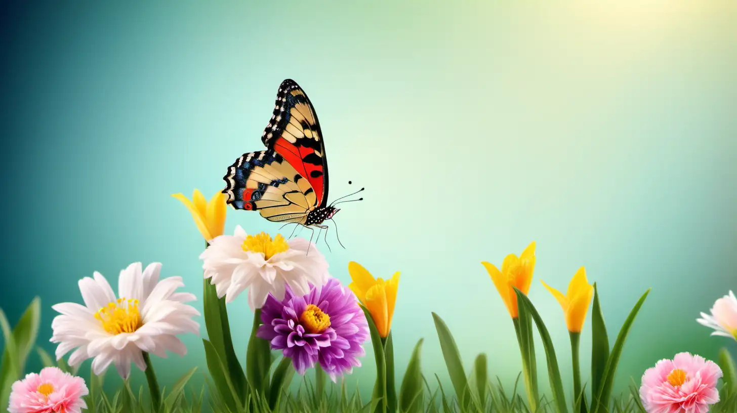 Spring flowers and butterfly on background, Copy space
