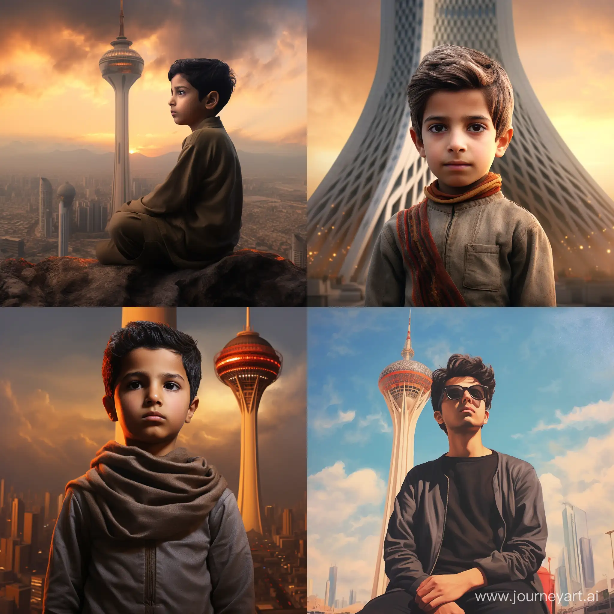 realistic iranian boy in front of Milad Tower