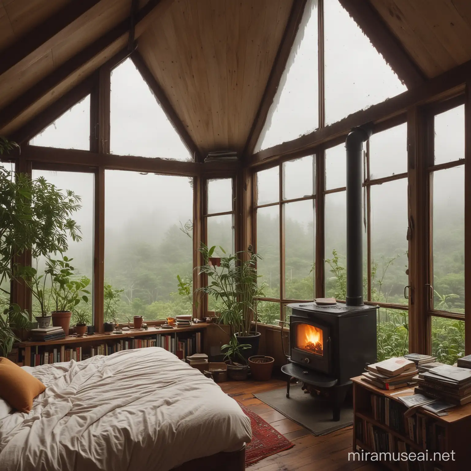 refugio, dormitorio, estufa a leña, afuera día de tormenta fuerte, ventanales muy grandes, acogedor, libros, miyazaki, la casa está en las alturas, plantas