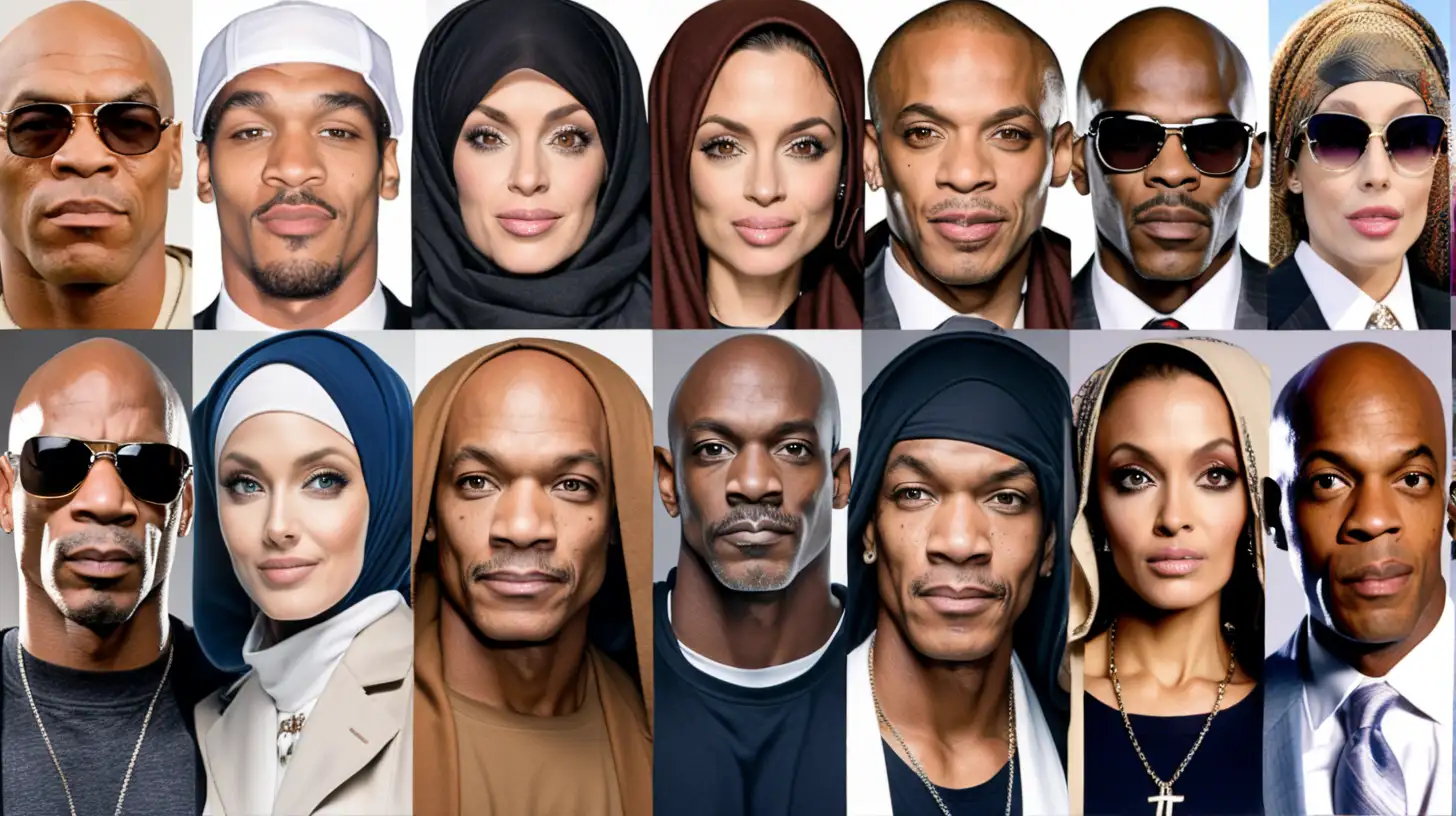 put them all in a photo
juet once do not reapeat same person total 8 persons in the photo
amd make women wear Hijab of muslims
Mike Tyson
Muhammad Ali
Malcolm X
angelina jolie
angelina jolie
Dave Chappelle
snoop dogg
Lauren booth
Janet Jackson
