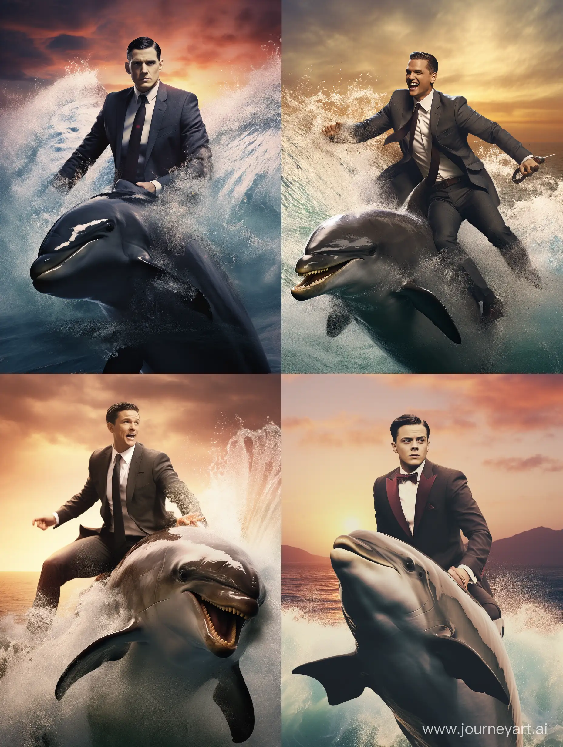 A man in a suit riding a dolphin in the sea