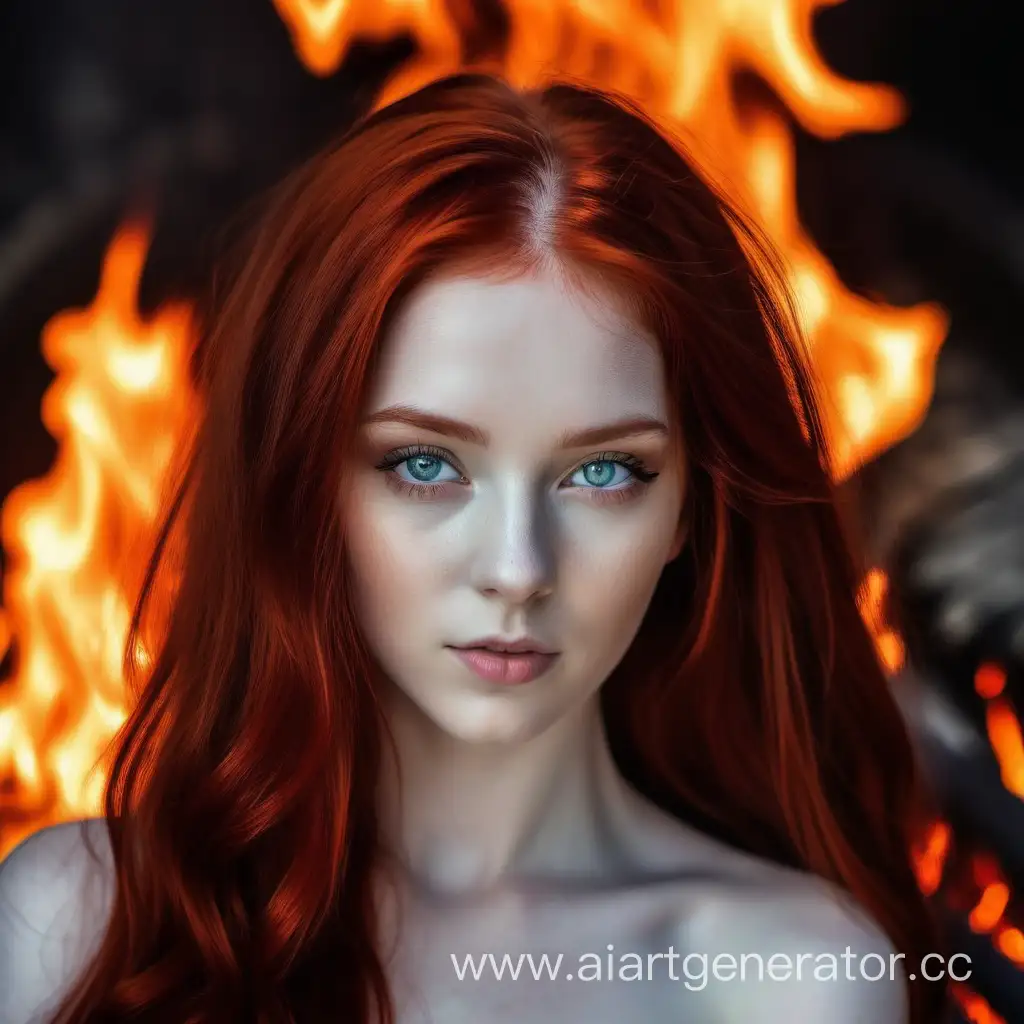 Красивая девушка с красными волосами и серыми глазами и белой кожей на фоне огня