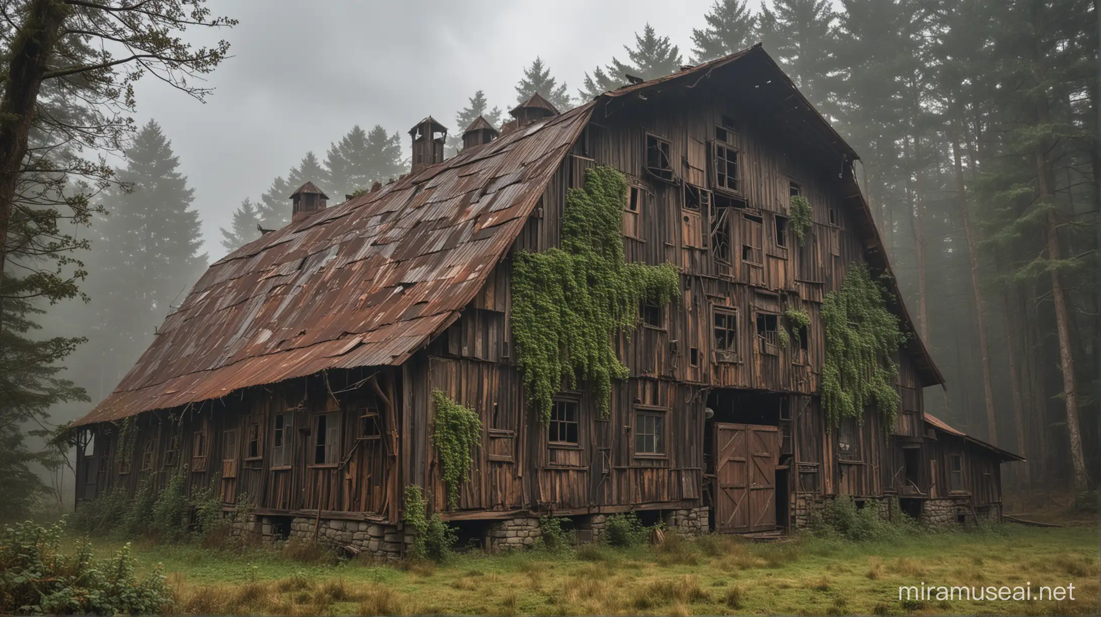 very old steampunk barn in a forest. the barn is made of wood and copper. partly ruined, partly mossy. cloudy and dark.