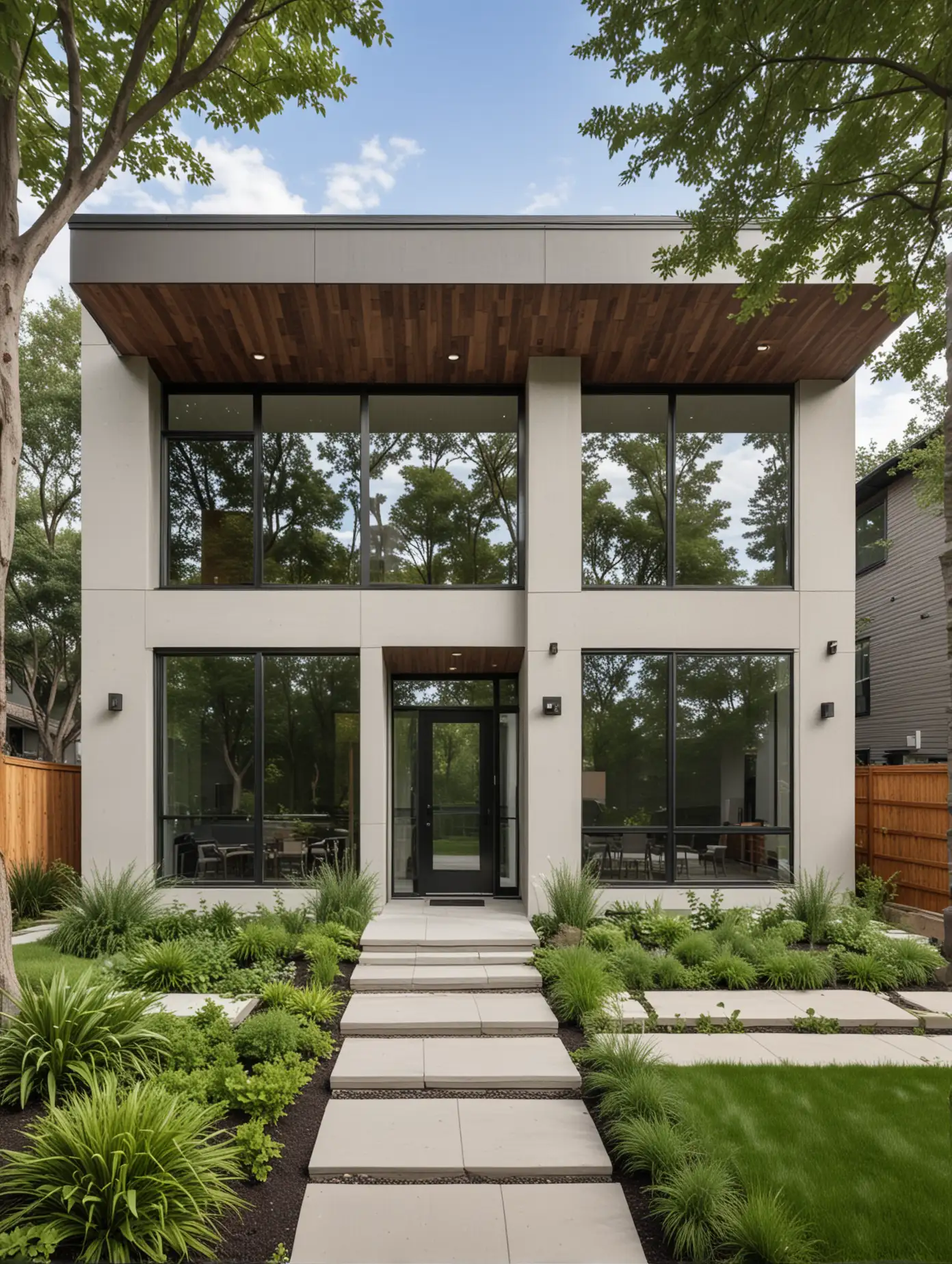 custom duplex build, contemporary style, large glass windows, lush landscaping