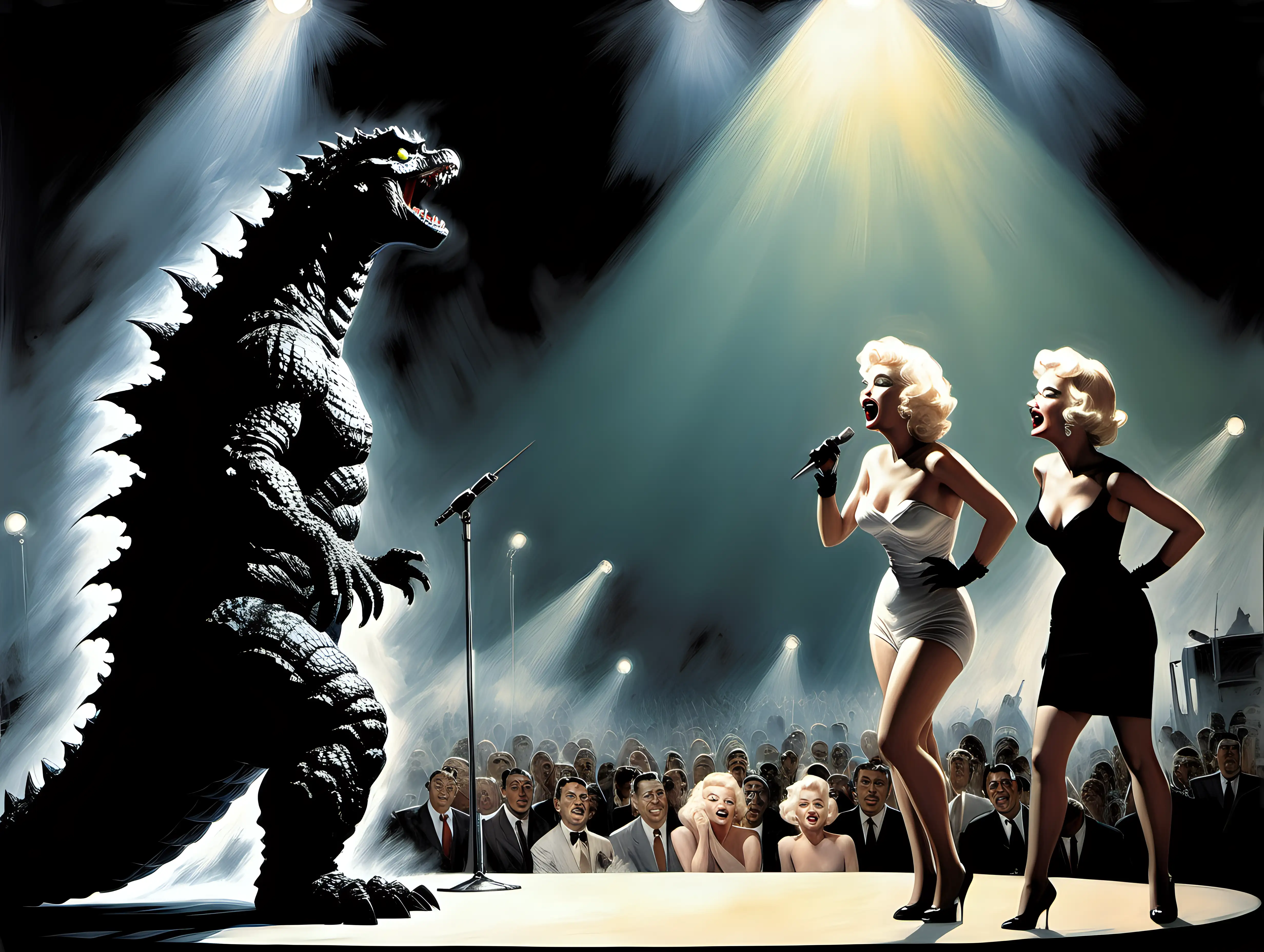 Legendary Trio Spotlighted on Stage Godzilla Frank Sinatra and Marilyn Monroe in Frank Frazetta Style Painting