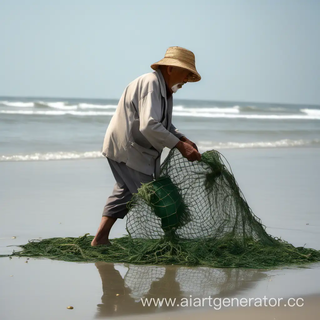 Elderly-Fisherman-Harvesting-Seaweed-with-Traditional-Attire