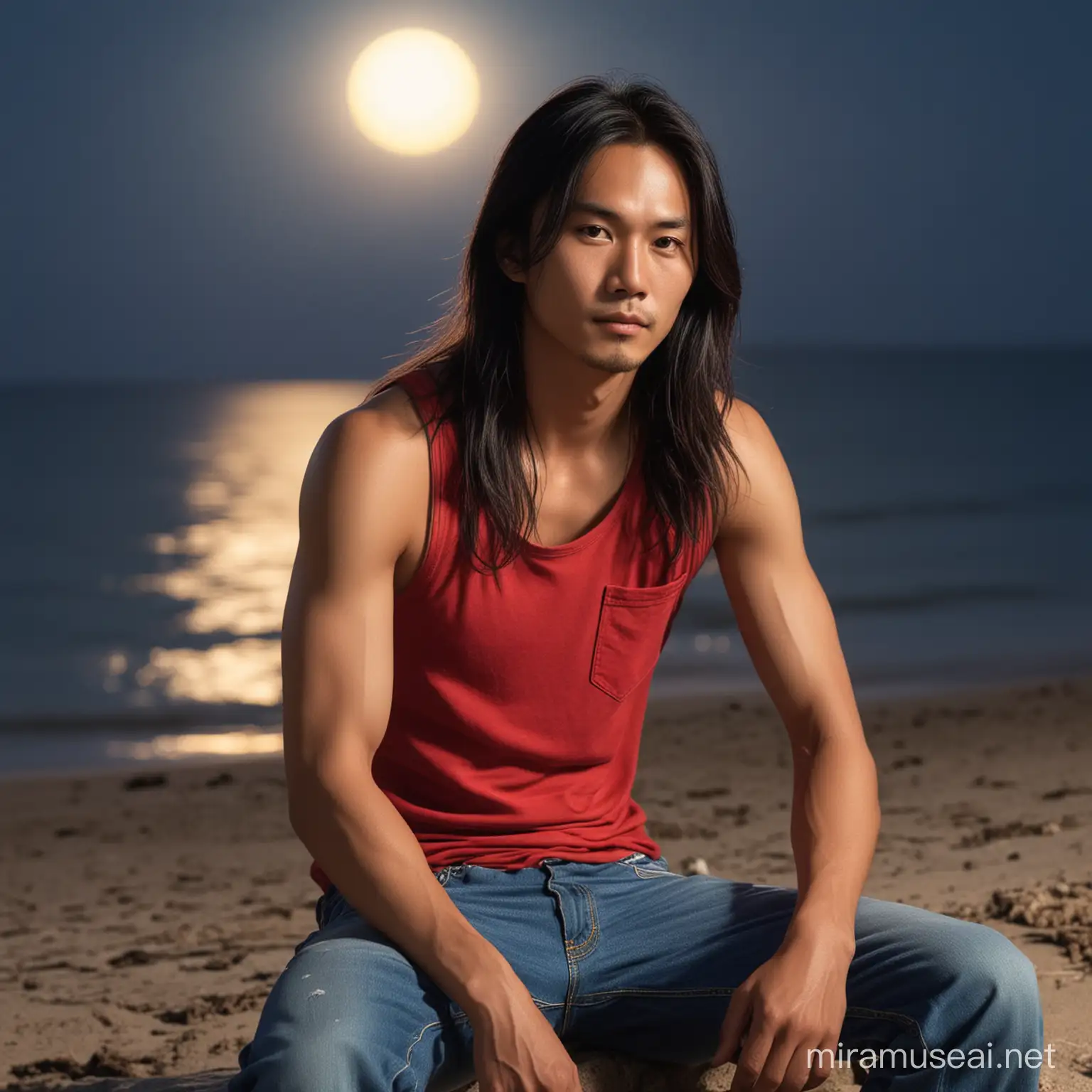 Gambar seorang lelaki asia rambut gondrong memakai singled warna merah dan celana jeans sedang duduk di tepi pantai terang bulan malam hari ,dan sangat detail, sangat jernih, resolusi tinggi, penuh warna.