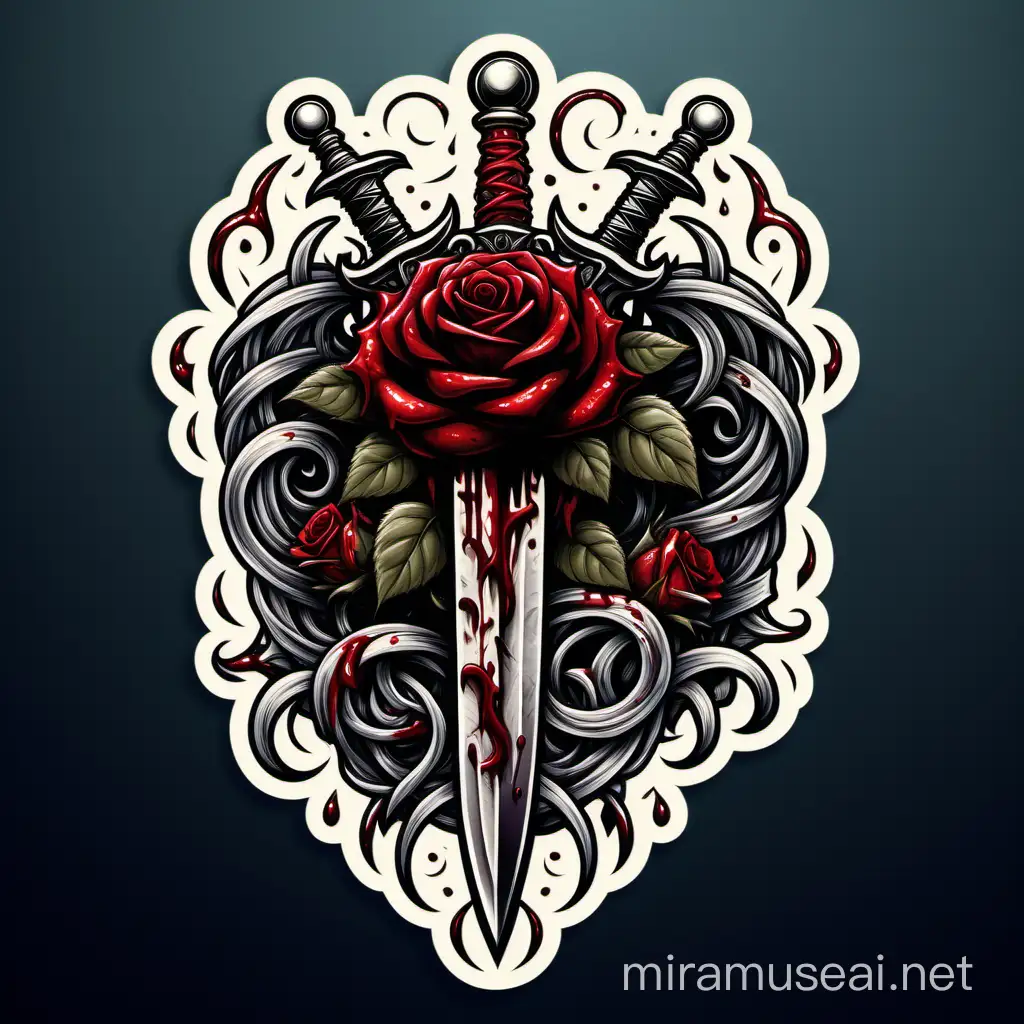 Create a sticker An ornate dagger entwined with red roses, dripping with blood, and a background of swirling mist and moonlight.