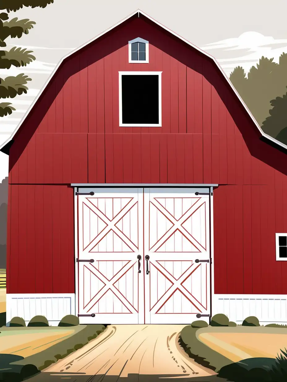 a red barn with  white doors drawing
