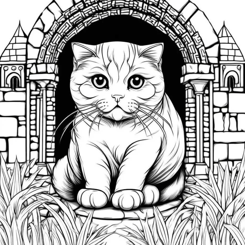 StressRelief Coloring Page Majestic Scottish Fold Cat in Castle Ruins