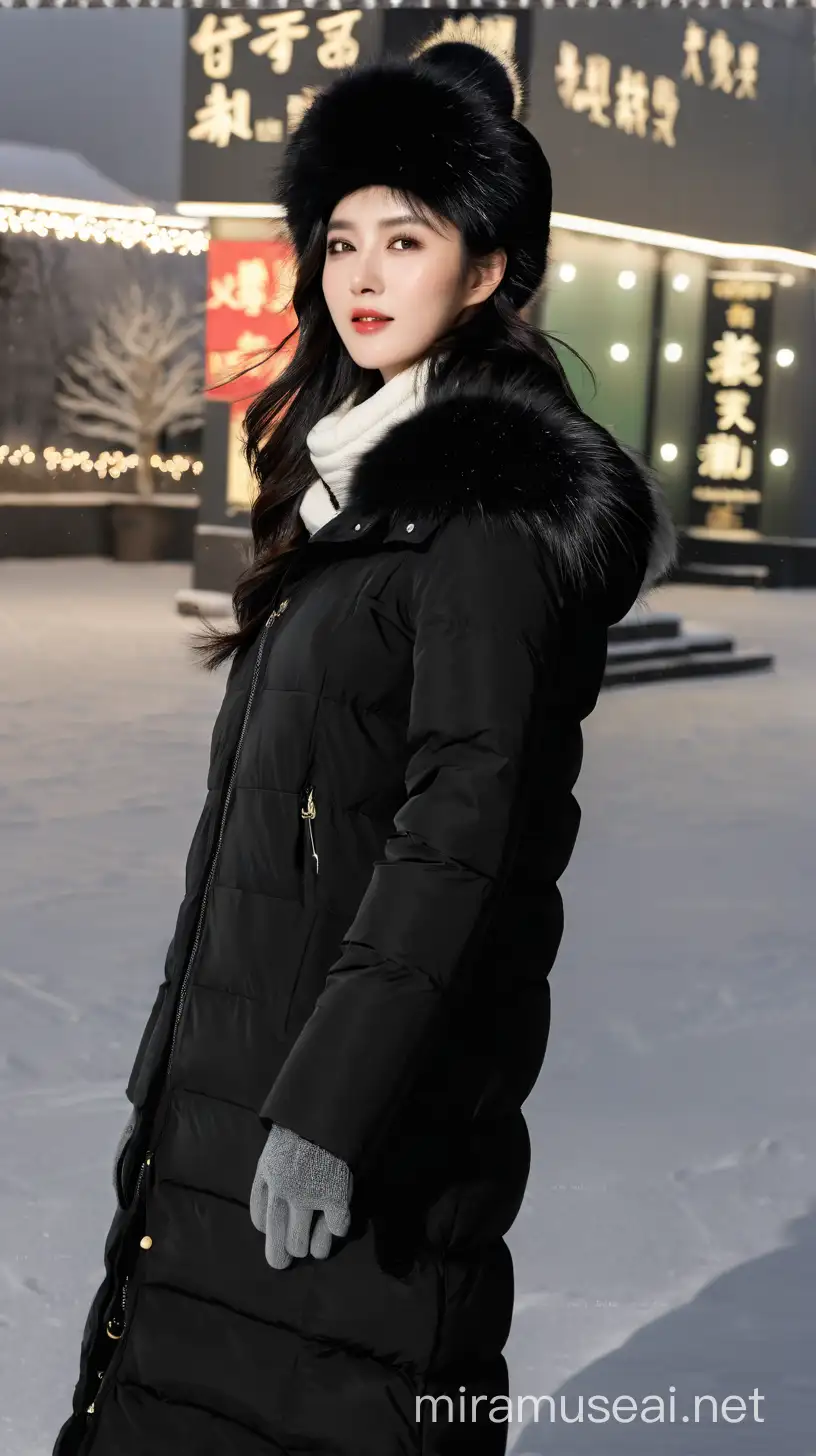 Elegant Woman in Snowy Oriental Setting with Fur Collar Jacket
