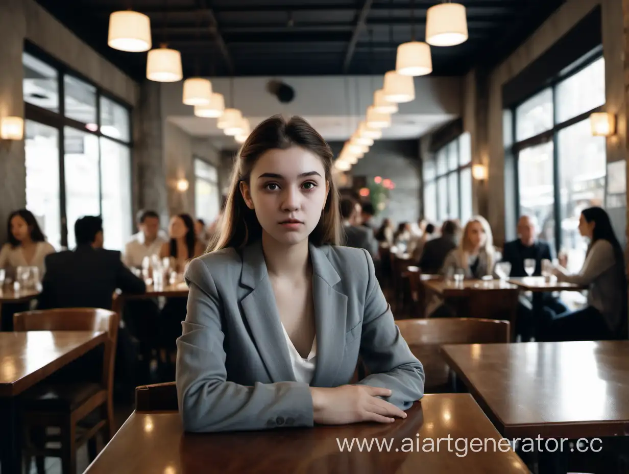 Girl-in-Gray-Blazer-Sitting-Alone-in-Crowded-Restaurant