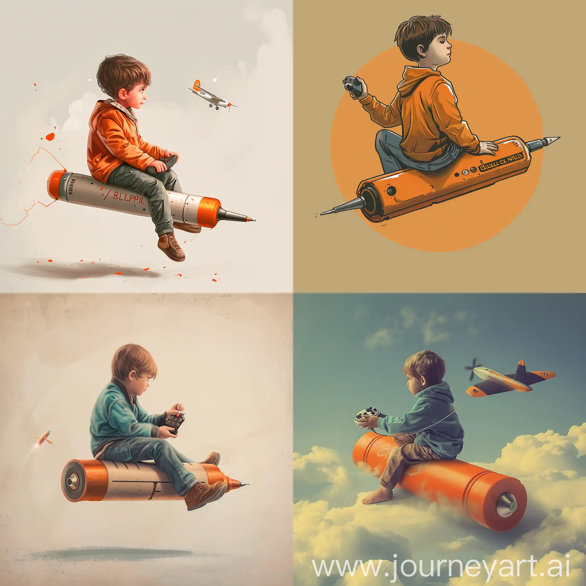 A boy sitting on a flying pen battery, his hand on the battery is a controller like an airplane, and his hand is on it as if he is controlling it.