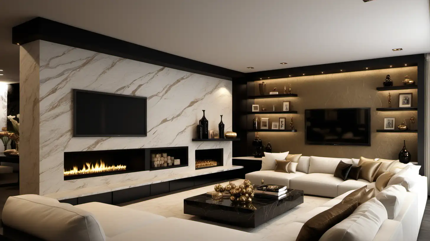 Modern Black and White Living Room with Gold Accents and Cozy Fireplace