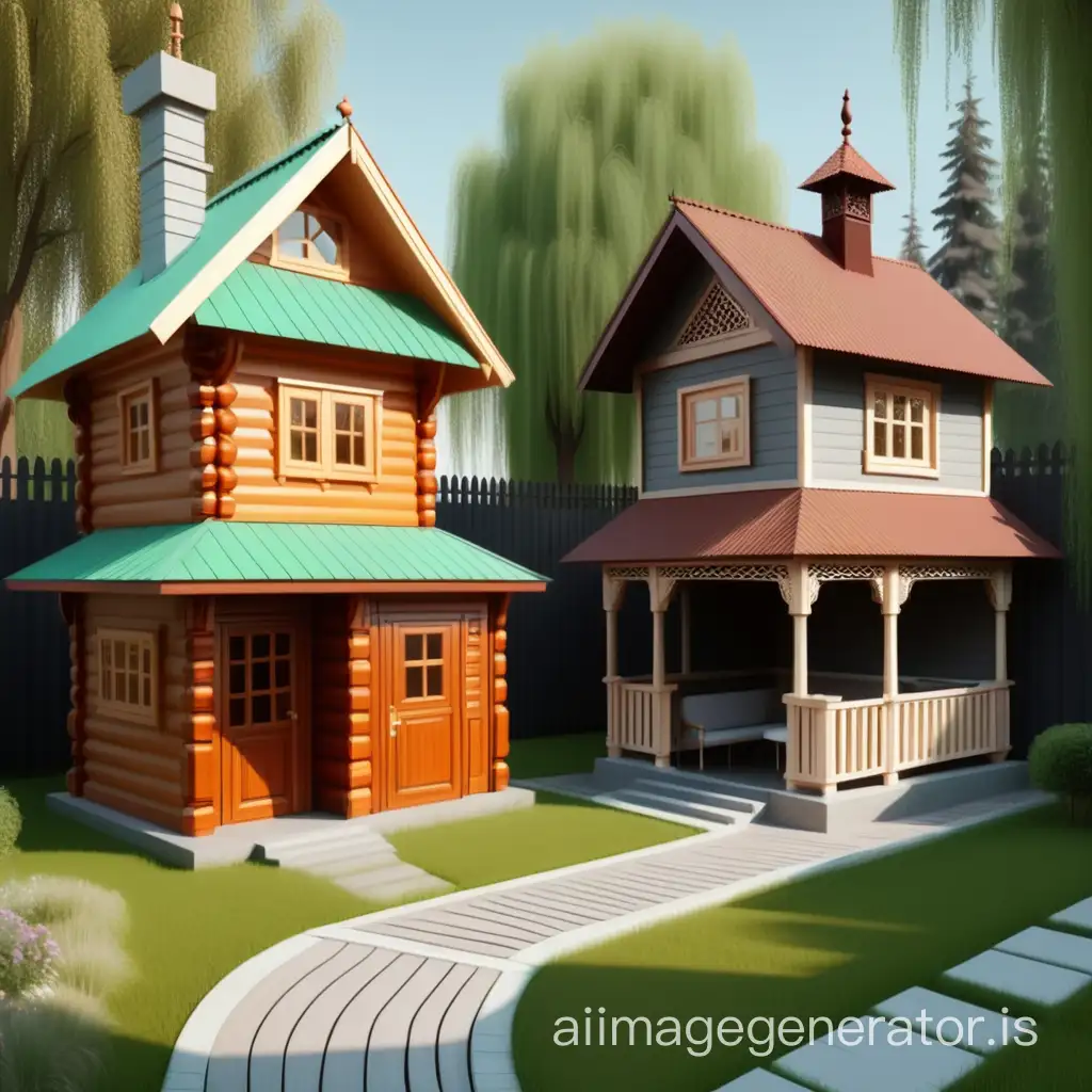   10 Small one-story wooden houses in Russian style behind the fence, next to the house a small wooden bathhouse in Russian style, next to the bath a small gazebo in Russian style with a barbecue grill, a small pool, concrete pathways, lawn around