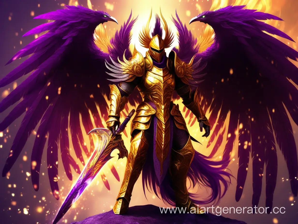 Knight warrior in golden red armor, feathers on the head, fiery phoenix sword, huge purple wings with golden armor and patterns, shining, epic art, RPG
