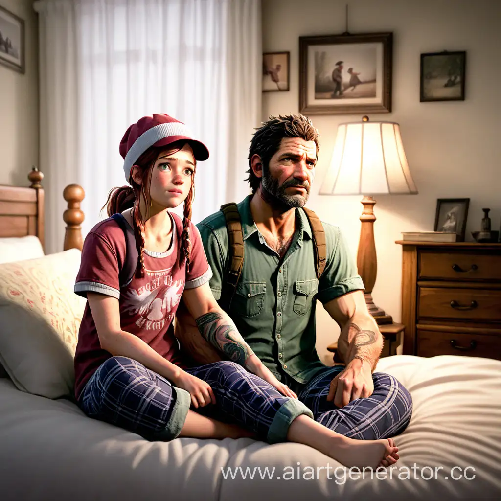 ellie and joel from the last of us wearing pajamas and stocking hats