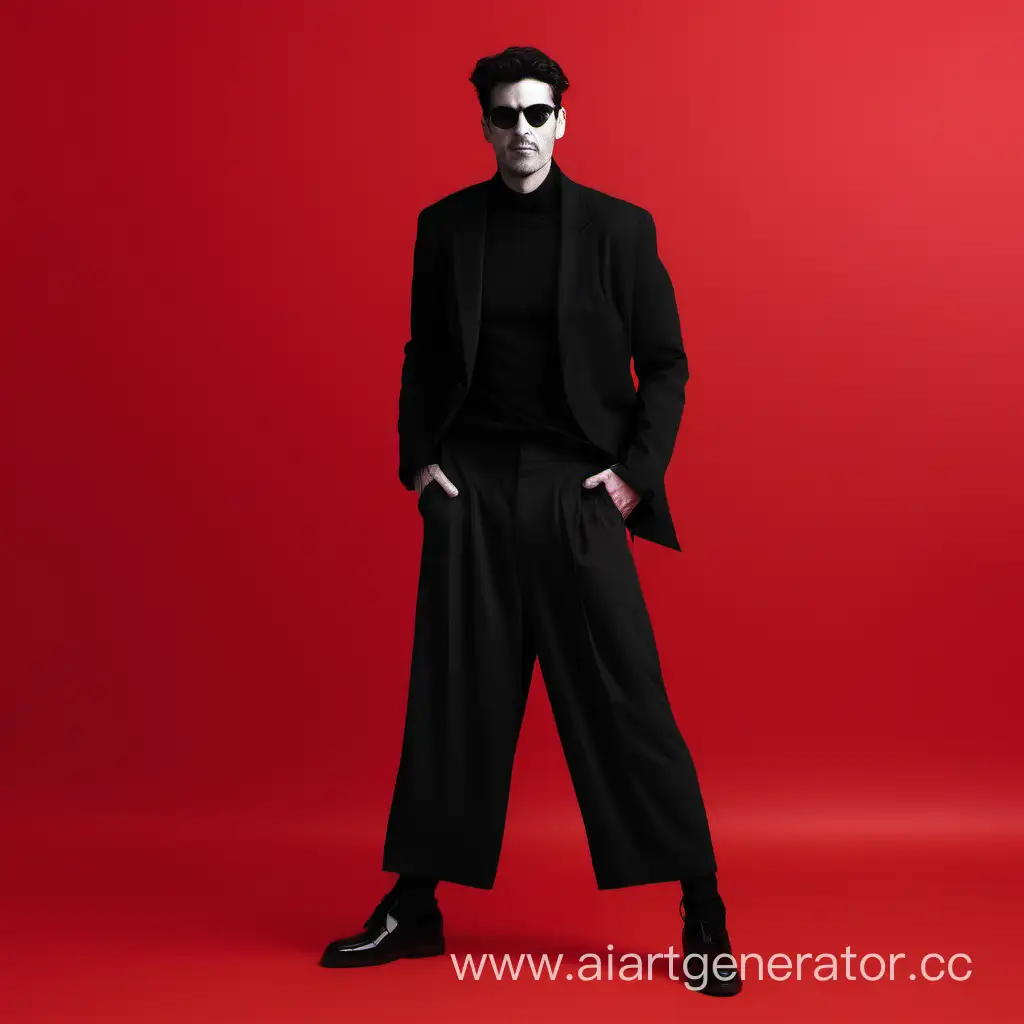 Stylish-Man-in-Black-Outfit-Against-Vibrant-Red-Backdrop