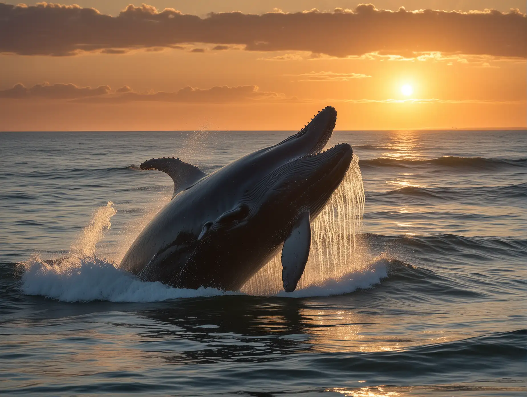 As the morning sun peeked over the horizon, casting its golden rays across the vast expanse of the ocean, the world seemed to awaken with a sense of wonder and awe. The surface of the water glimmered like a sheet of liquid gold, mirroring the brilliance of the celestial orb above.

In this breathtaking seascape, a majestic humpback whale emerged from the depths, breaking through the surface with an effortless grace. Its colossal body arced gracefully into the air, a symphony of droplets cascading in its wake, catching the first light of dawn like a shower of diamonds.

As the whale soared high above the waves, time seemed to stand still, capturing the moment in a tableau of sheer beauty. The gentle curve of its massive body contrasted against the vast expanse of the ocean, creating a stunning juxtaposition of scale and serenity.

Beneath the whale's majestic leap, a pod of dolphins danced in the waves, their sleek forms weaving through the water with playful abandon. Their joyful squeals echoed across the ocean, a chorus of jubilation that harmonized with the rhythm of the waves.

In the distance, a flock of seabirds took flight, their graceful silhouettes silhouetted against the backdrop of the rising sun. With wings outstretched, they soared effortlessly on the gentle breeze, their cries mingling with the symphony of the sea.

As the whale began its descent back into the embrace of the ocean, a sense of tranquility washed over the scene, enveloping everything in a cloak of peace and wonder. And in that fleeting moment, as the sun illuminated the beauty of the natural world, all who witnessed it were reminded of the profound majesty that lies beneath the surface of the sea.