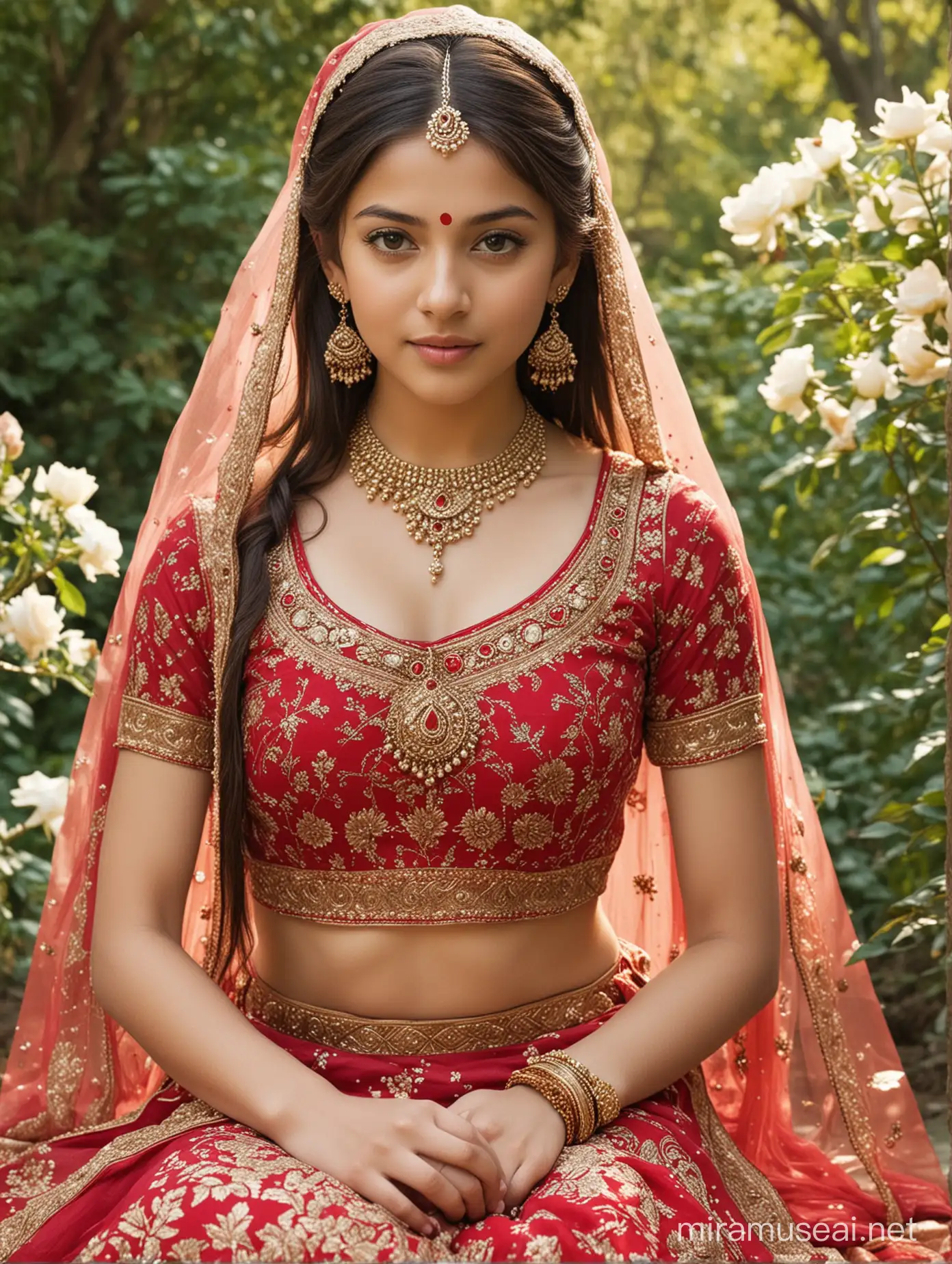 Graceful Indian Girl in Rose Red Lehenga Radiant Beauty in Serene Natural Setting