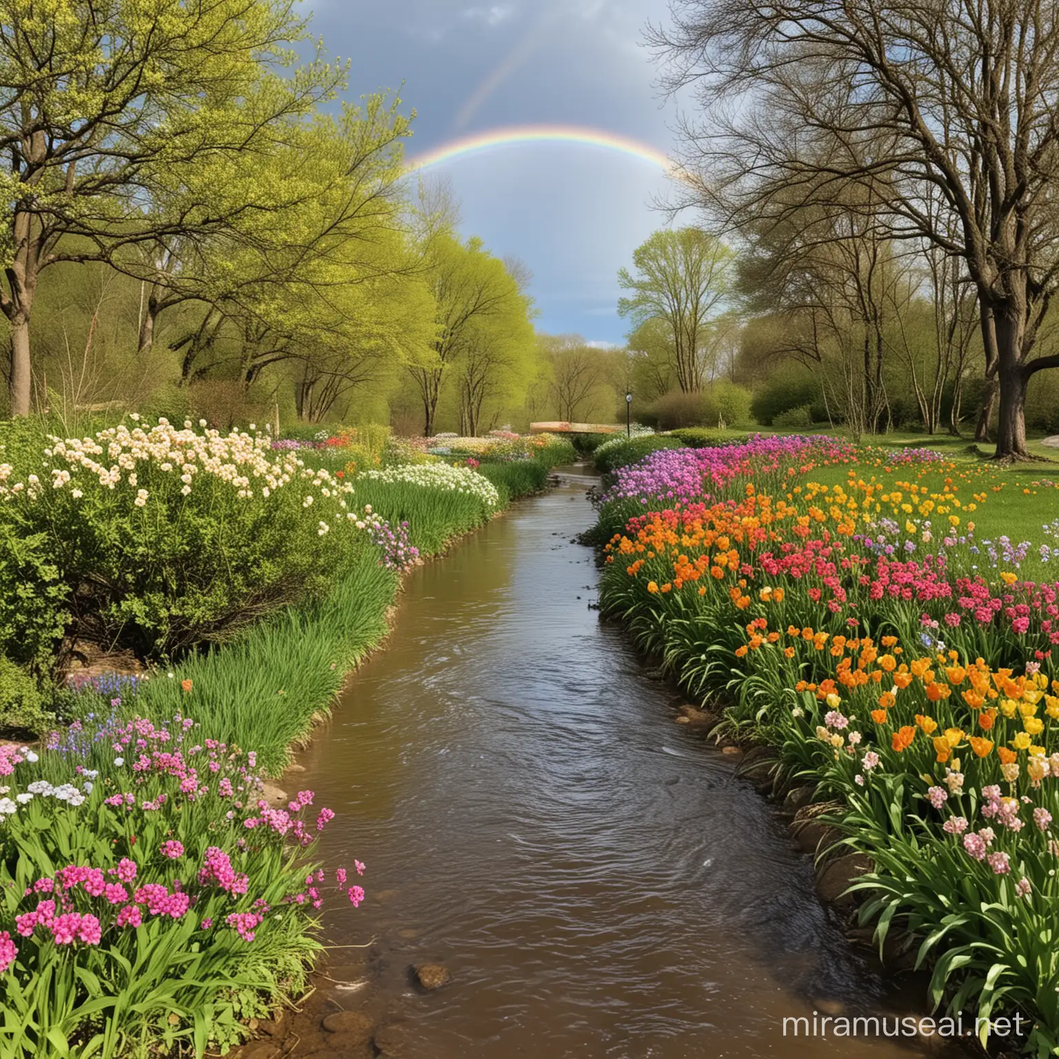 spring blooming garden with rainbow river running through it, the sun in the sky