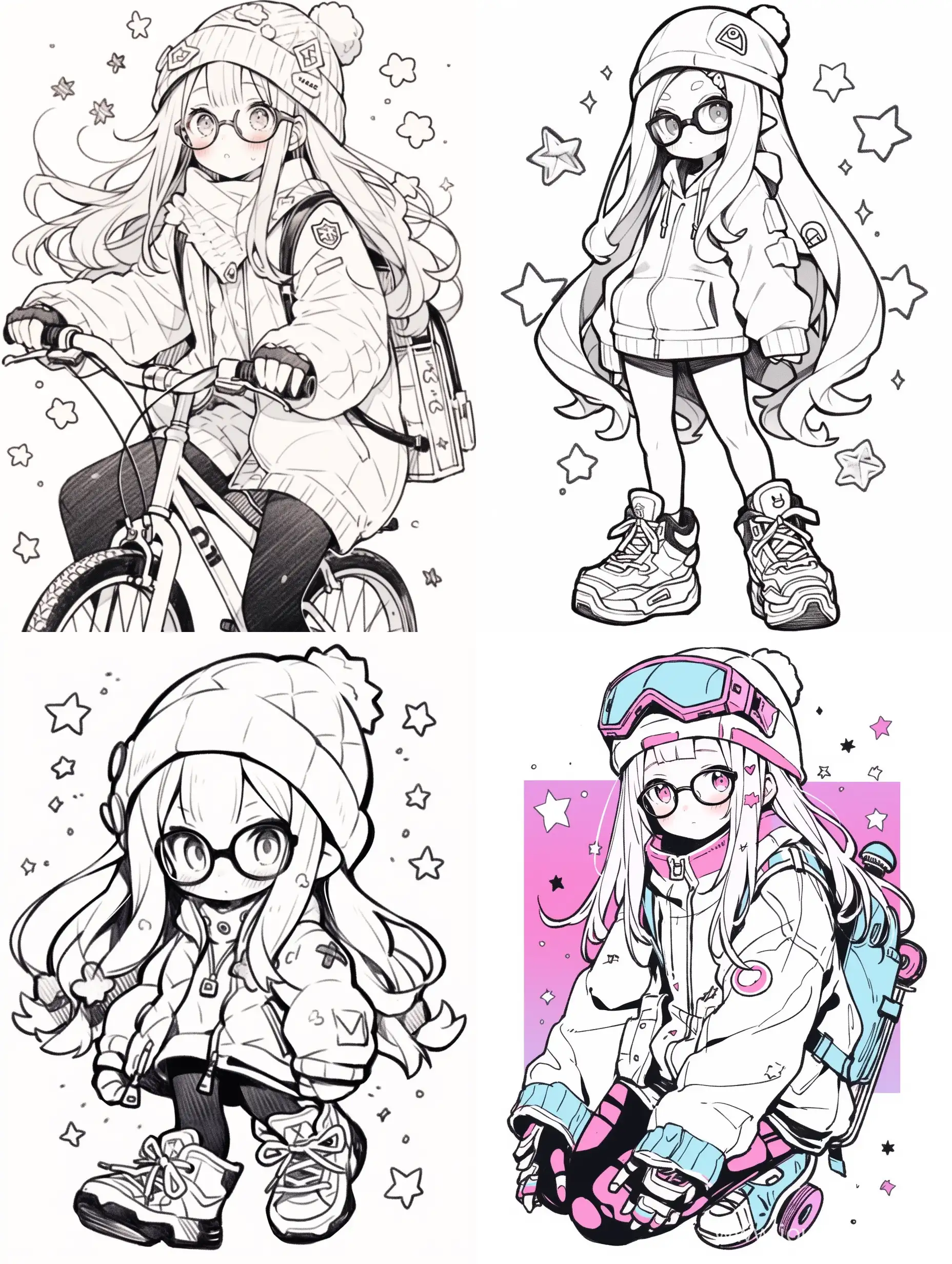 Super simple shape vector for coloring book Coloring page, anime girl in a hoodie and leg warmers, the girl has glasses with long straight hair that cover her ears and her hair has bangs and long nails with rings. riding bicycle, The girl has star-shaped hair clips.--ar 3:4 --s 750 --niji 5
