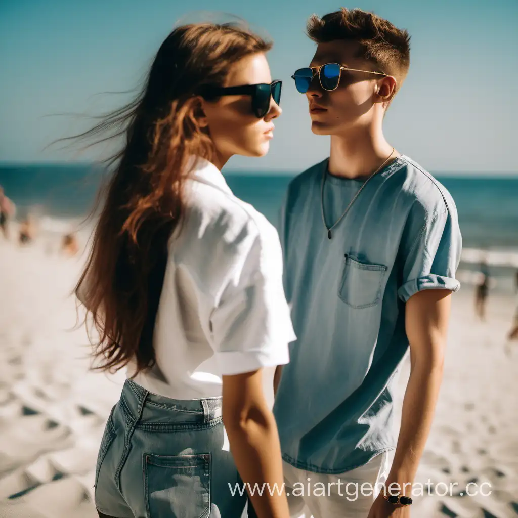 Девушка 20 лет в солнцезащиных очках и парень 22 года в солнцезащитных очках на пляже,стоя,вид со спины