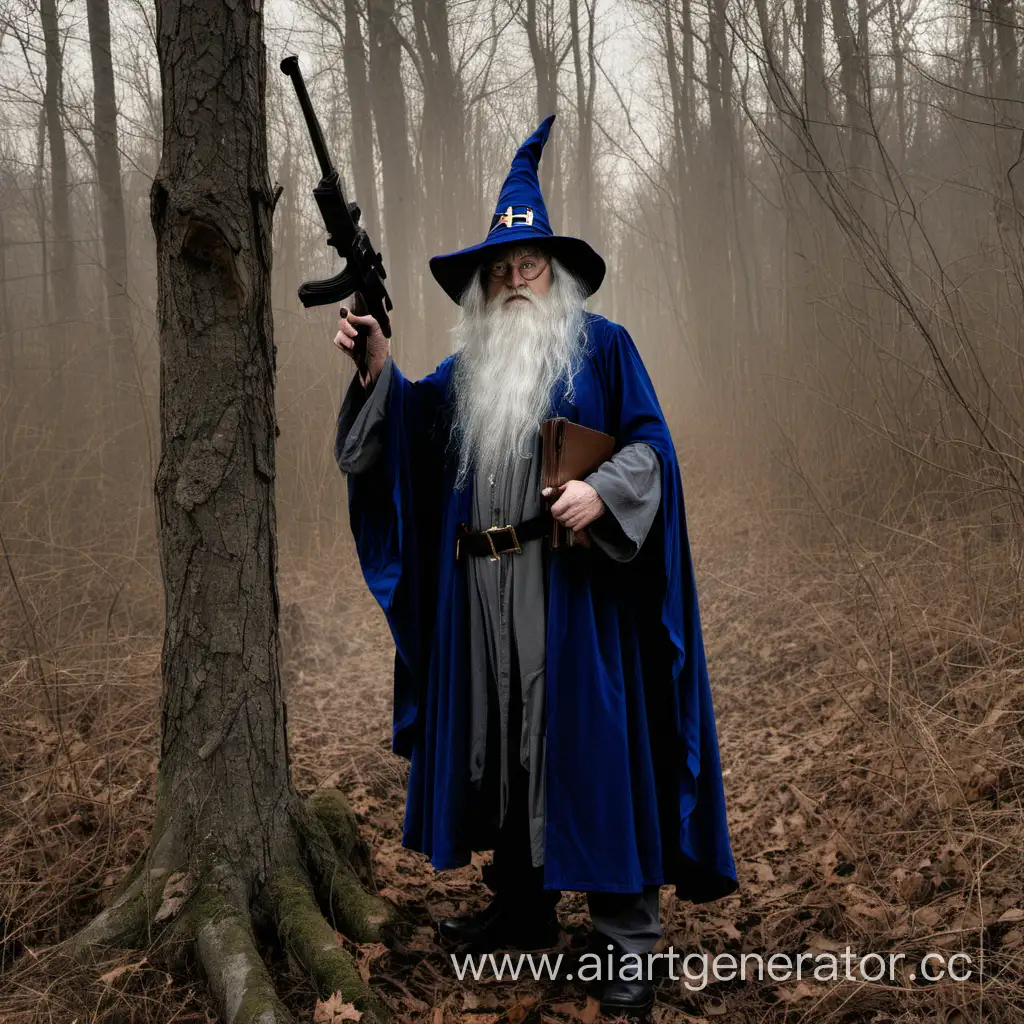 Wizard, in woods, with rifle 