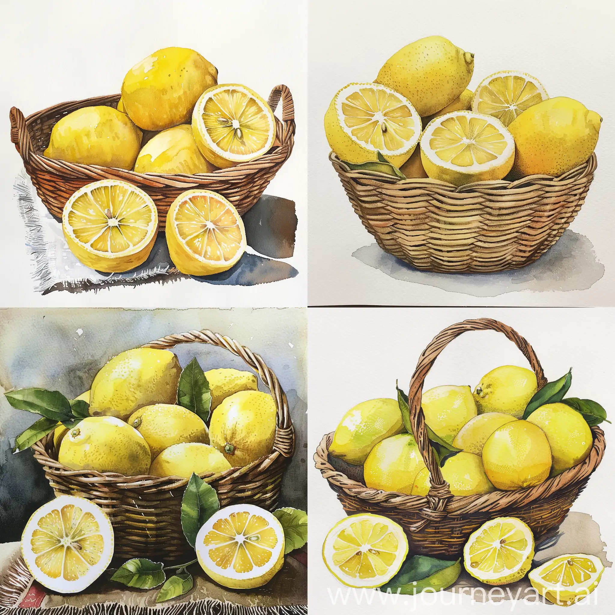 Water colour painted lemons in a basket
