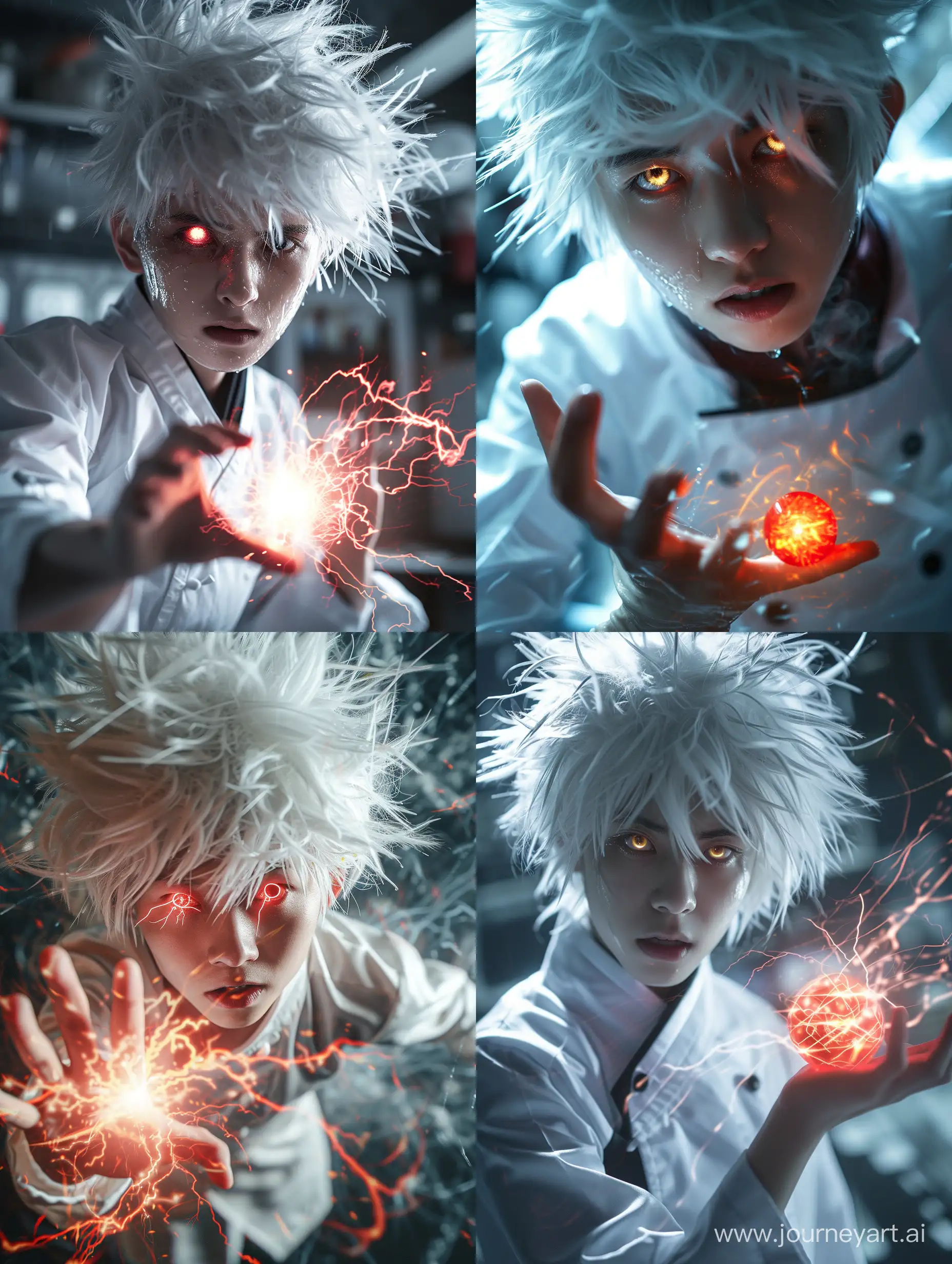 Made a super high angle photo of a young guy like korean idol with white messy hair, the body is clearly sweating. The right hand is holding a small red glowing ball. The eyes emits electric light. Ultra hd. The costume like chef.
