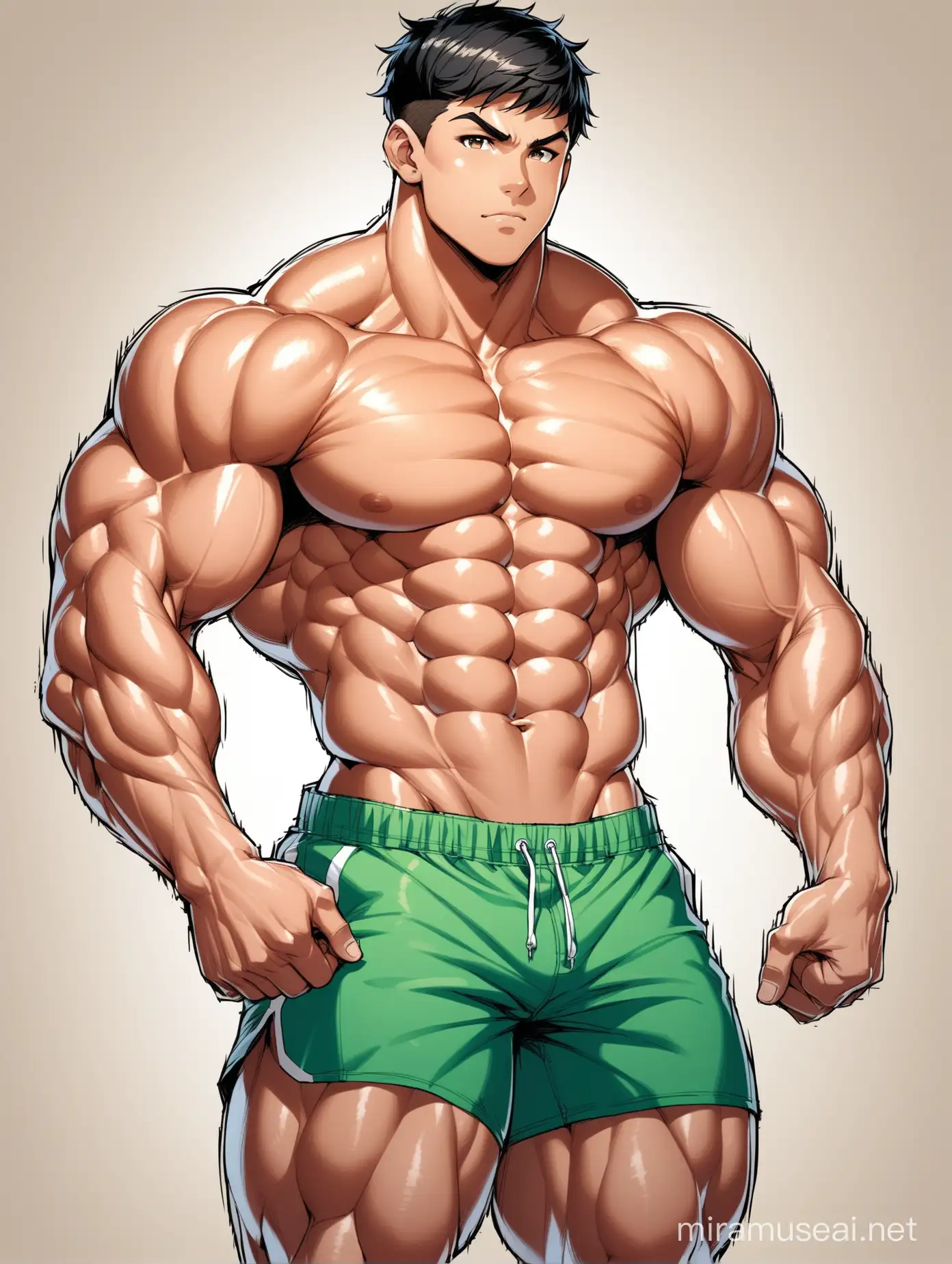 Muscular Teenage Male with Strong Physique and Delicate Features in Athletic Attire