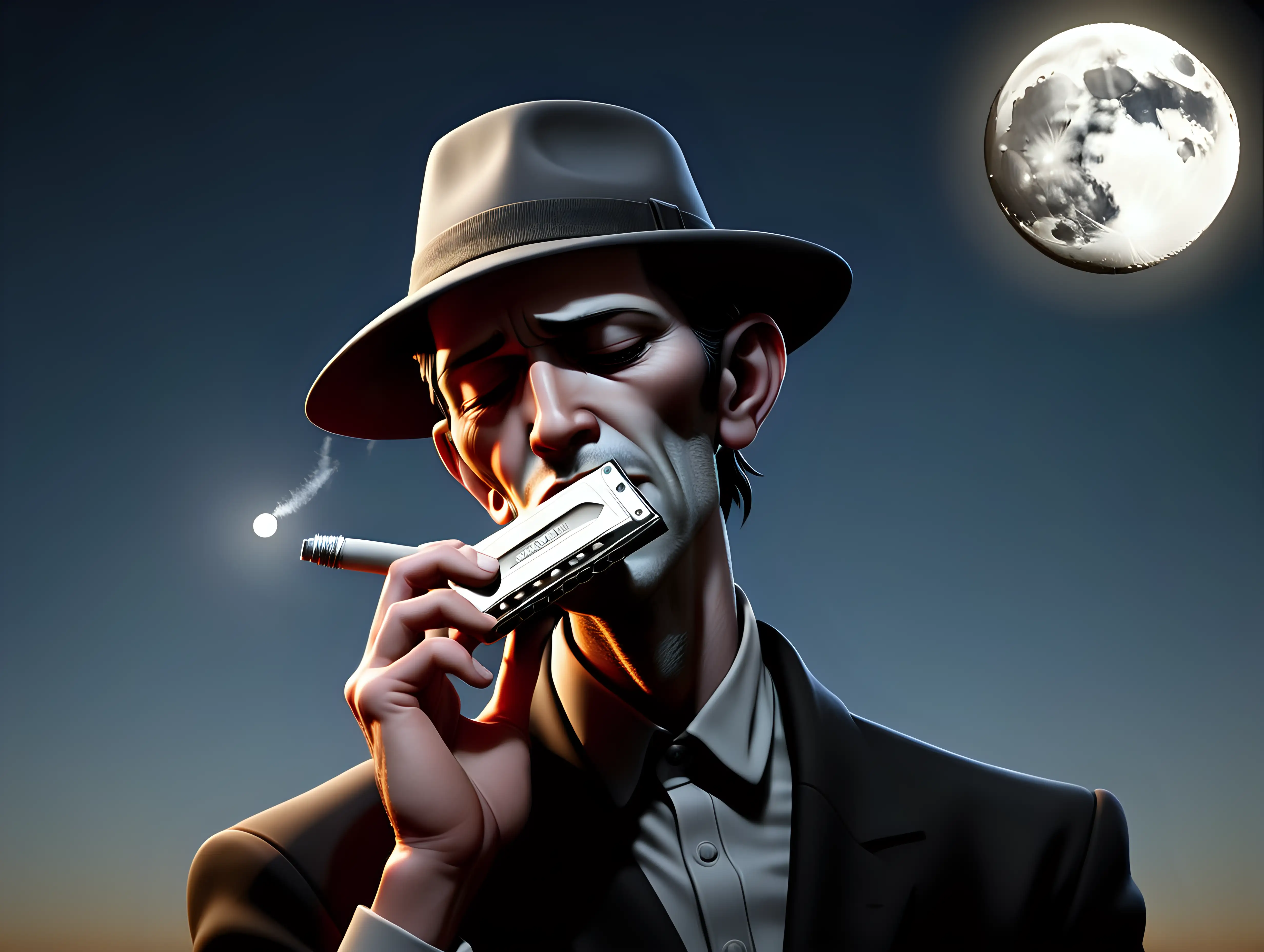 Harmonica player in front of a rising moon