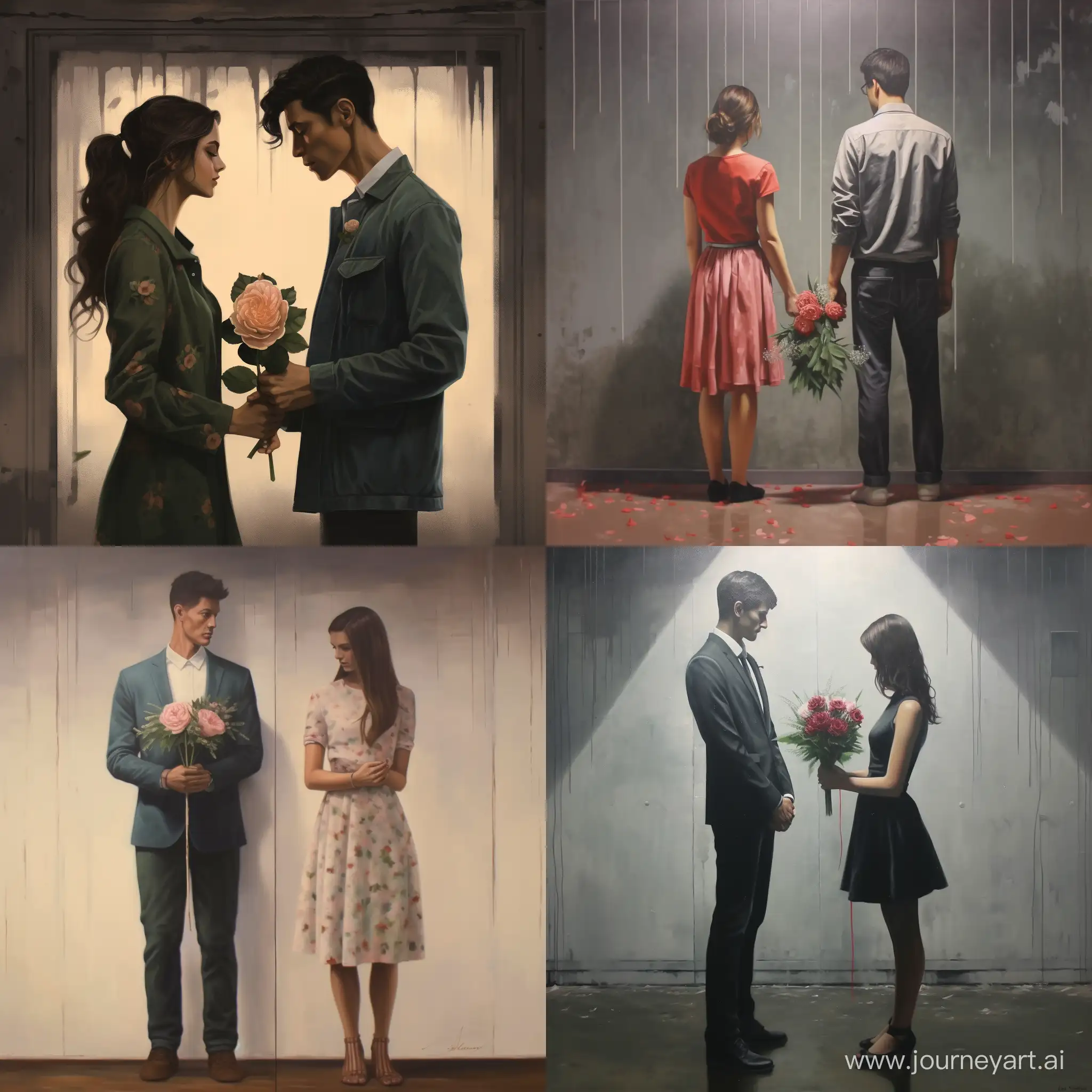 A man and woman stand in the same shade while it rains. Hold hands and face each other. The man on the right hides a bouquet of flowers behind his back. The woman on the left hides a gift box behind her.