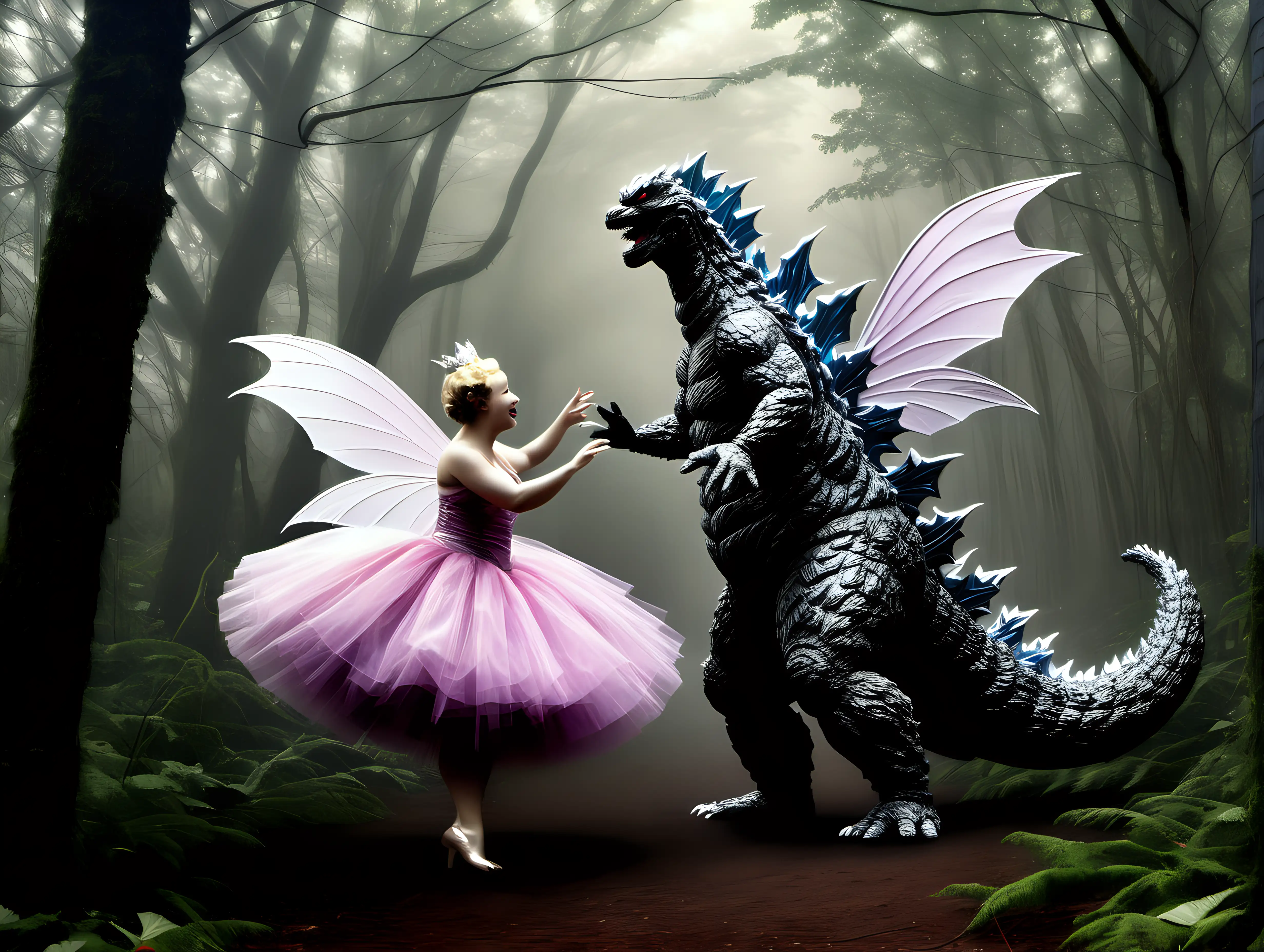 Godzilla and the Dance of the sugar plum fairy in an enchanted forest