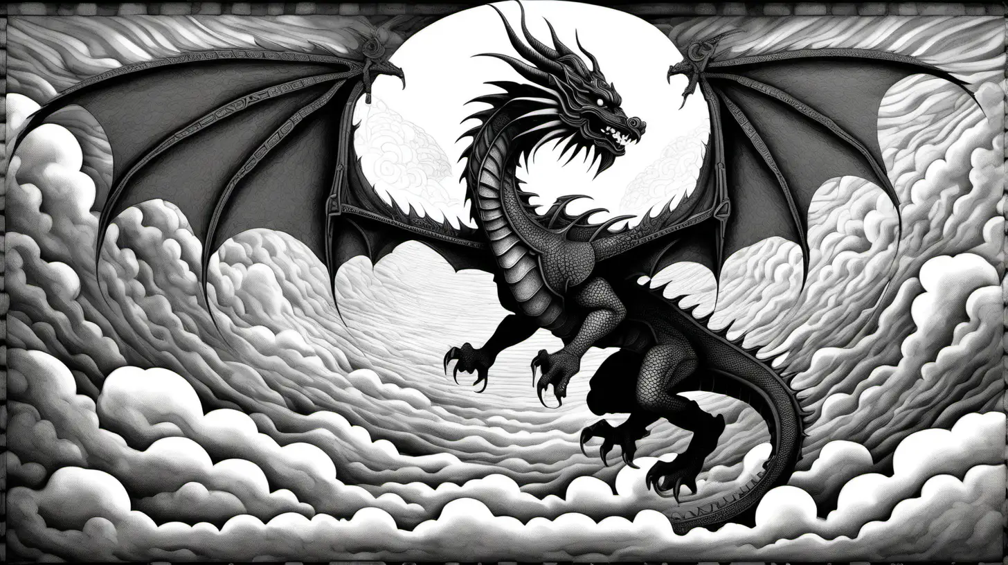 
/imagine prompt :  a digital artwork depicting a huge, monochromatic dragon in the optical illusion perspective style of M.C. Escher. The dragon should dominant the frame at over 2000 pixels long, positioned at a low angle viewed from above, with its wings outstretched to each side. Render it in black and white only with high contrast, incorporating textures reminiscent of rusted, weathered metal across the torso and parts of the wings. Draw inspiration from Japanese Sikh iconography when detailing the dragon's facial features and wing elements. Surround the dragon with cloud-filled sky and faint smoke rather than any discernible structures or architecture so it appears to be emerging from an abyss. Maintain a a sense of atmospheric, surreal calm in the environment to heighten the mystical quality of the scene.