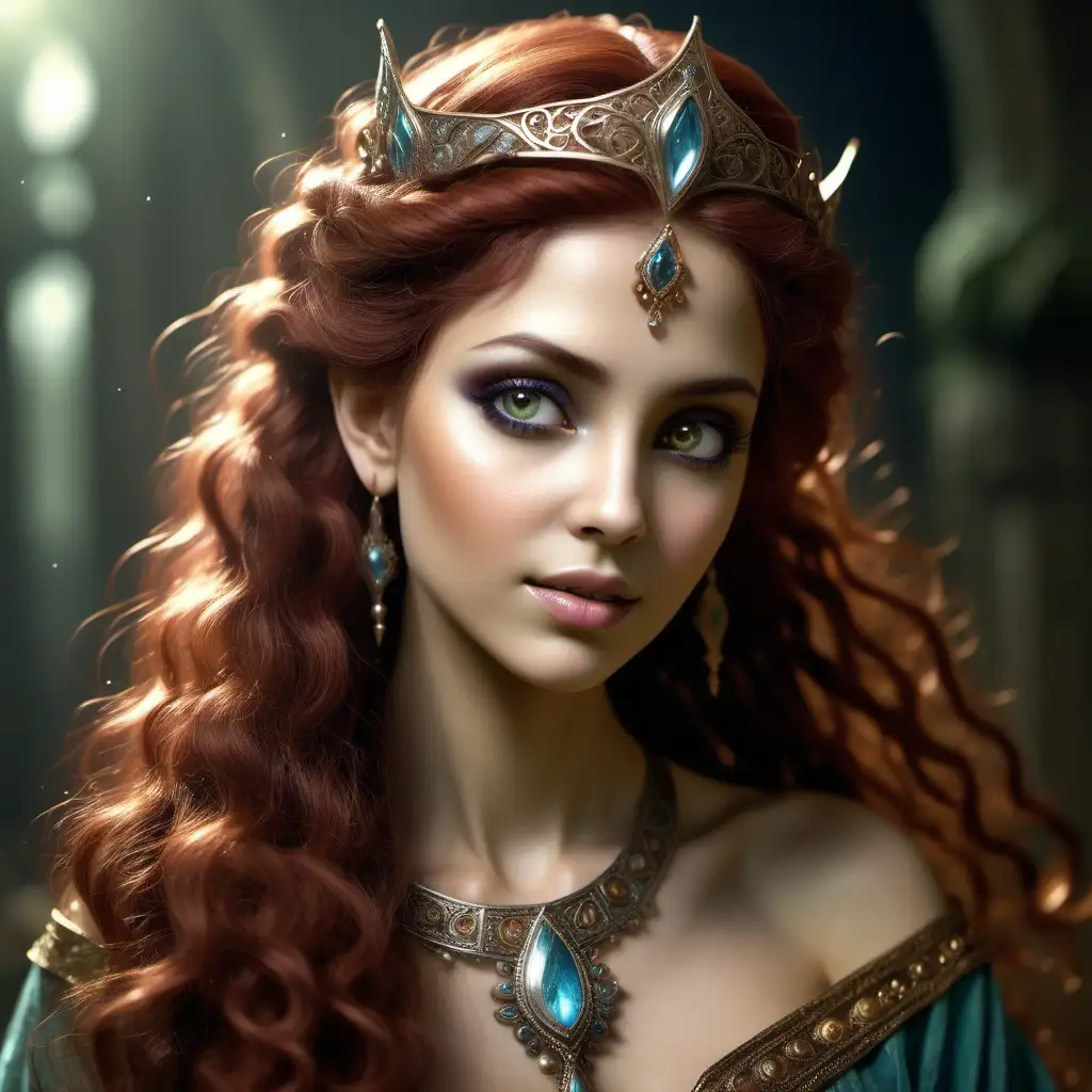 A fairy who lived as a queen at the age is 45, and she was very beautiful. She lived in the year 1000 AD in the Arabian Peninsula, with her features. her hair color is brown