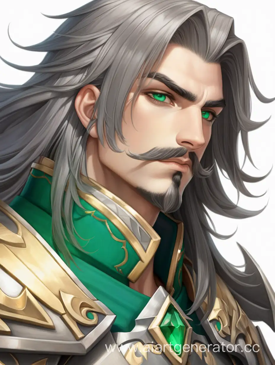 Young man paladin, emerald eye color, long hair the color of ash, mustache and goatee