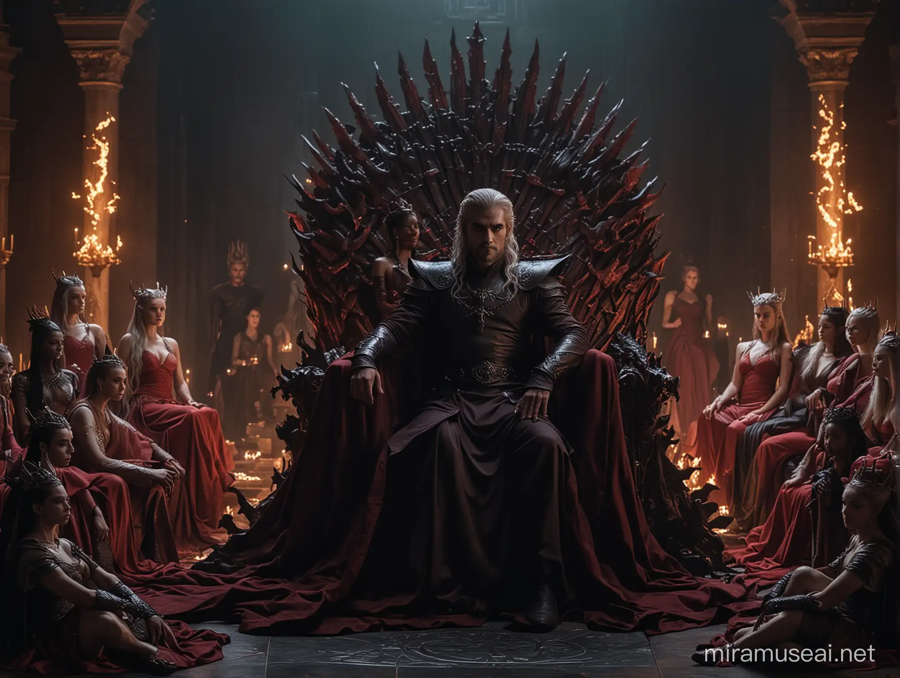 Daemon Targaryen sitting on a throne surrounded by many concubines, night, 8k
