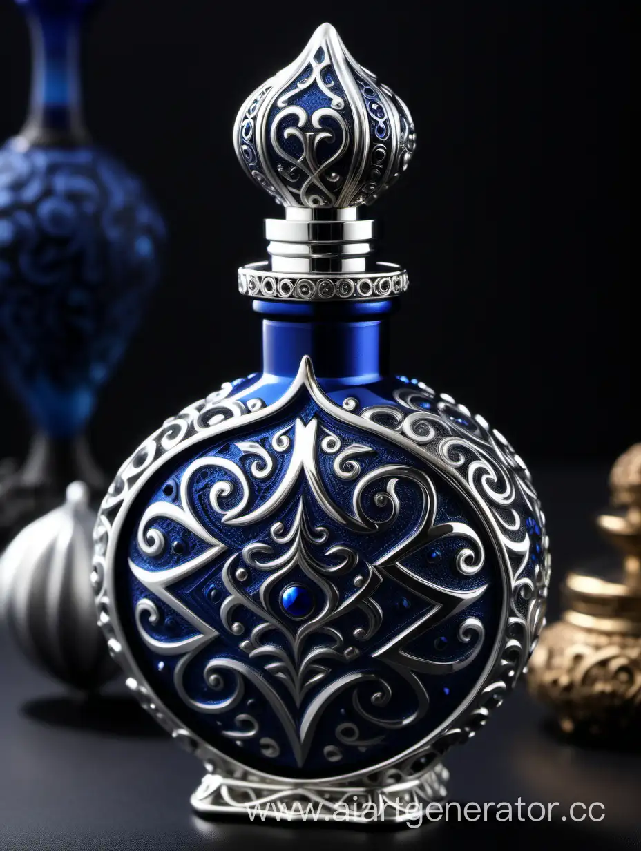 Incredibly detailed, elaborate, embellished potion bottle containing the elixir of life decorative ornamental Zamac Perfume cap, and bottle Dark blue, silver color with dark black square arabesque pattern shaped | metallizing finish