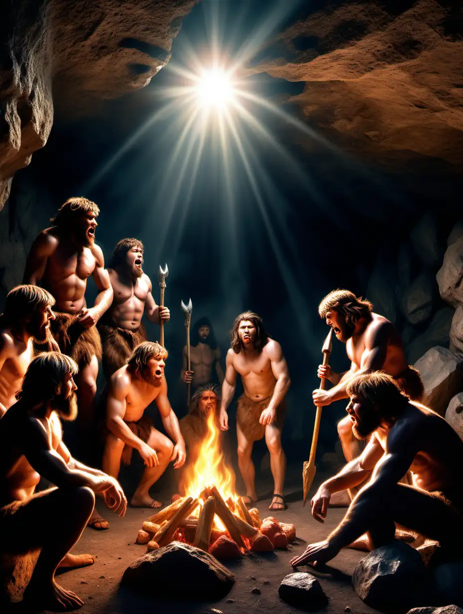 Hyper Realistic Photo of Cavemen Gathering in Sunlit Cave with Fire