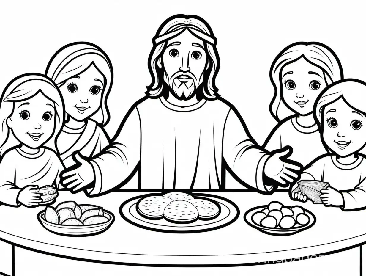 Jesus at the center of the table, breaking bread Coloring Page, black and white, line art, white background, Simplicity, Ample White Space. The background of the coloring page is plain white to make it easy for young children to color within the lines. The outlines of all the subjects are easy to distinguish, making it simple for kids to color without too much difficulty, Coloring Page, black and white, line art, white background, Simplicity, Ample White Space. The background of the coloring page is plain white to make it easy for young children to color within the lines. The outlines of all the subjects are easy to distinguish, making it simple for kids to color without too much difficulty