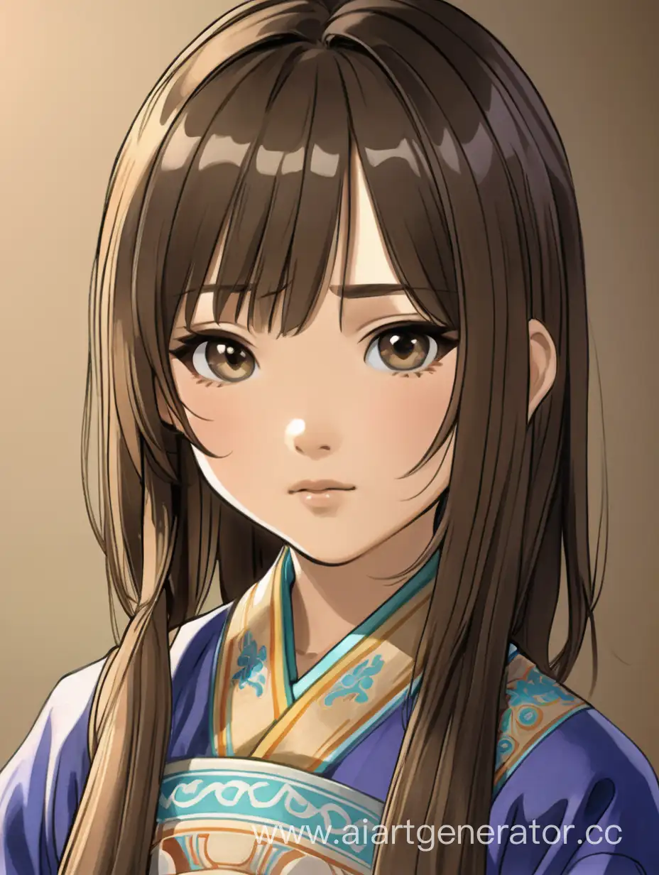 Mongolian-Girl-with-ShoulderLength-Hair-in-Anime-Style-Portrait